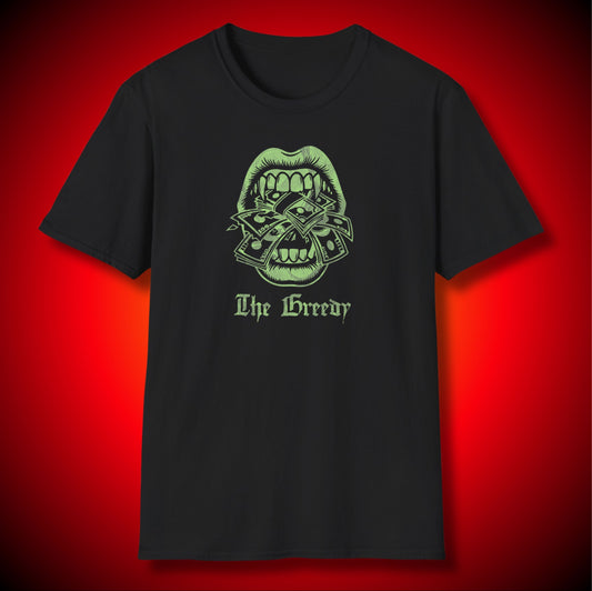 “The Greedy” Mouth Devouring Money Graphic Tee | Repent And Believe The Gospel | Mathew 6:24 (NASB) | Unisex