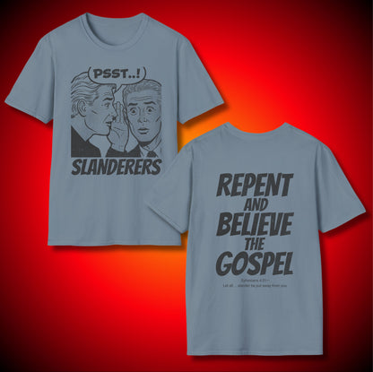 “Slanderers” PSSST! Men Whispering And Listening To Slander Graphic Tee | Repent And Believe The Gospel | Ephesians 4:31 (NASB) | Unisex
