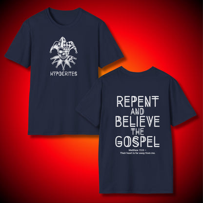 “Hypocrites” Half Masked Jester Skull Graphic Tee | Repent And Believe The Gospel | Matthew 15:8 (NASB) | Unisex