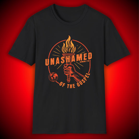 "Unashamed of the Gospel" Bold Flame Christian Tee | Romans 1:16 | Unisex